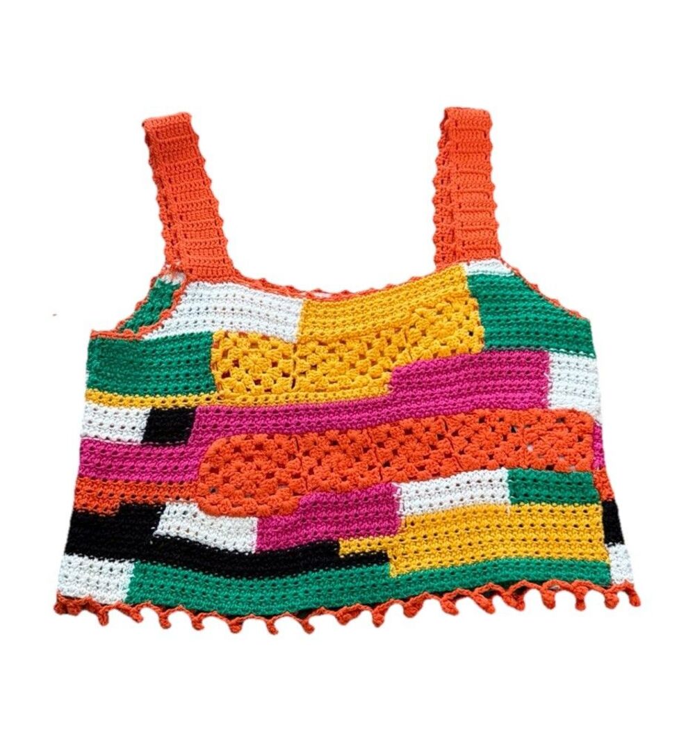 Zara Crochet Crop Top Womens Small Colorblock Boho Summer Festival Beachy - Picture 3 of 8